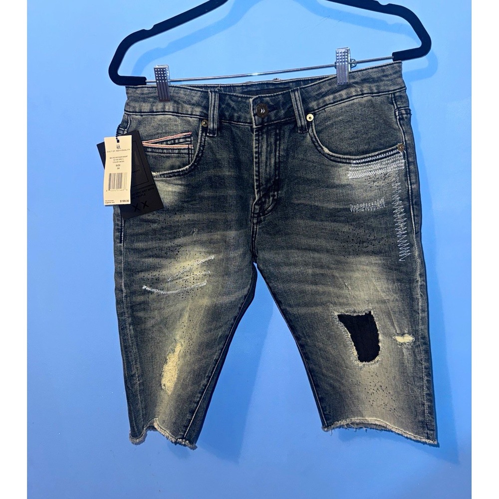 Cult of Individuality Mens Belted Rocker Distressed Denim Shorts Gray 30 NEW
